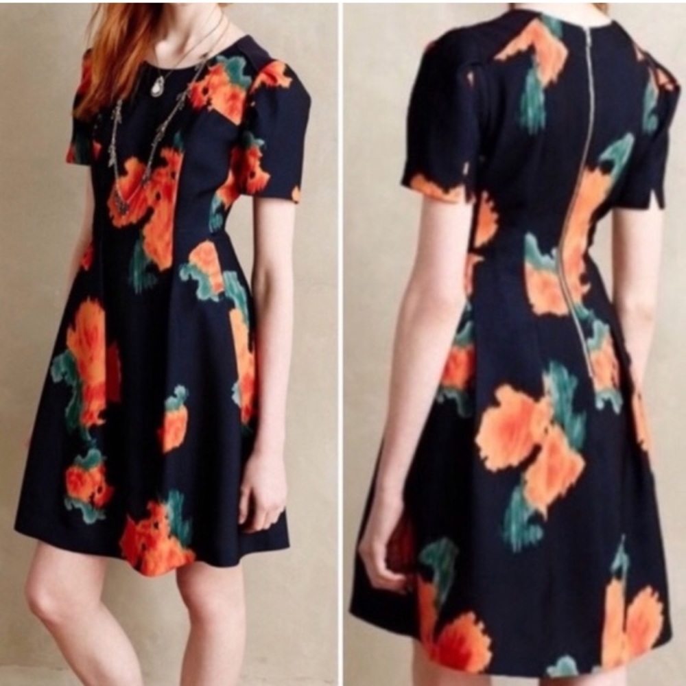 CCO! ANTHROPOLOGIE McGinn Poppy Palette A Line Navy Orange Short Floral Dress